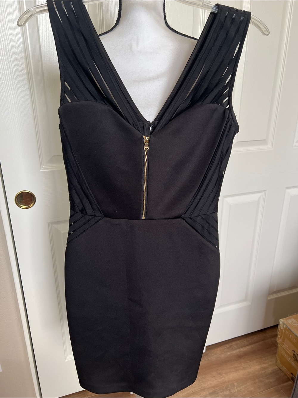Guess Black Mini Dress with Strappy V-neck front and back.  Sexy Gold Front Zip